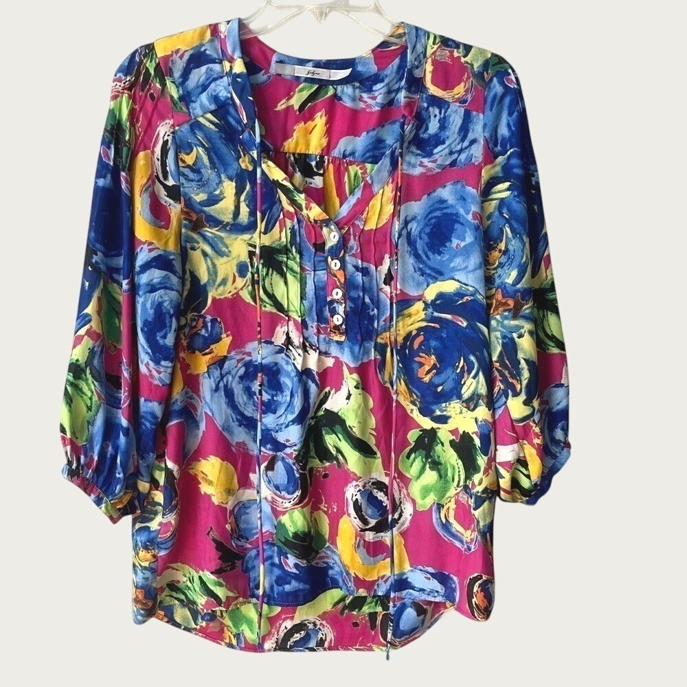 Gibson Floral V Neck Blouse Pink Blue Abstract Rose 3/4 Sleeve Top Small